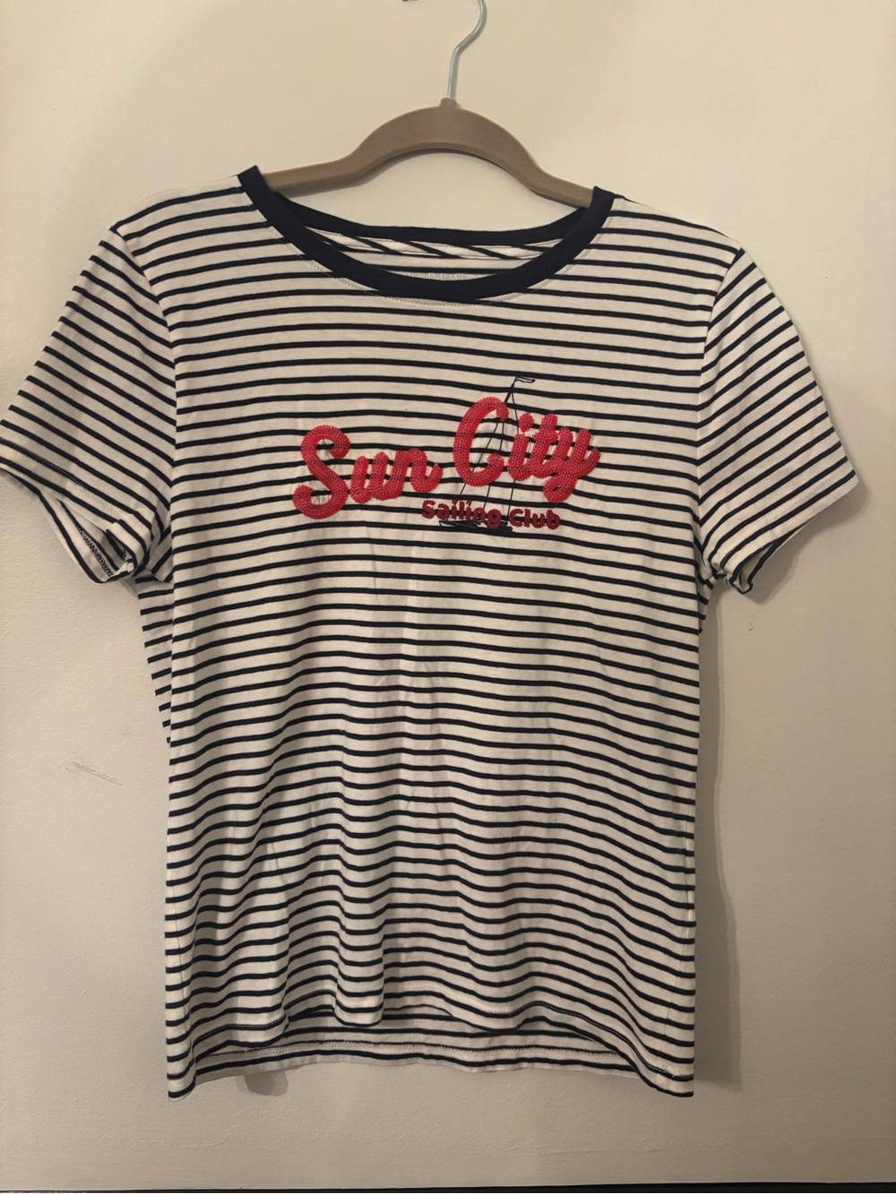 J. Crew Sun City Striped Tee - White & Navy with Red Script